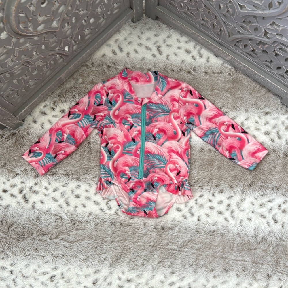 Flamingo print long sleeve swimsuit girls 4T tropical Hawaiian summer vacation